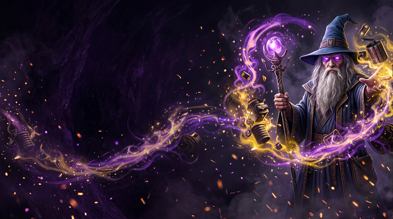 Trash Lord wizard mascot summoning glowing purple and gold magic